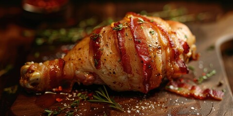 Wall Mural - Chicken Leg Wrapped in Bacon on a Surface