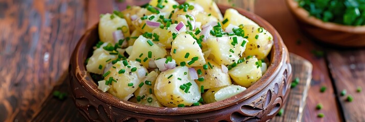 Canvas Print - Close-up of traditional potato salad featuring onions and chives, presented in a decorative bowl on a wooden serving board.