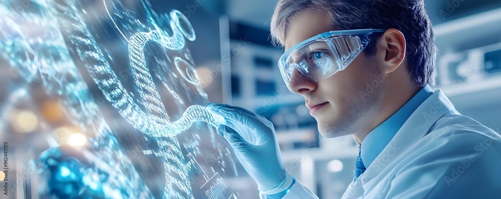 Scientist Examining Digital Data in Lab with Holographic Interface ...