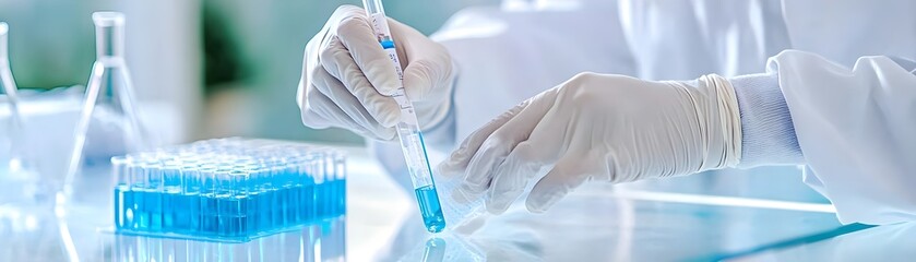 Wall Mural - Scientist Holding Test Tube in Lab with Blue Liquid