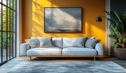 Canvas Print - Modern Living Room with Yellow Wall and White Sofa