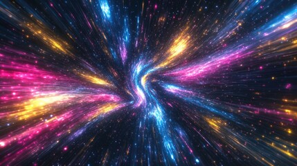 Beautiful swirling neon light rays resembling the speed of light in a galaxy explosion, with vibrant blue, pink, yellow, and purple glow on black