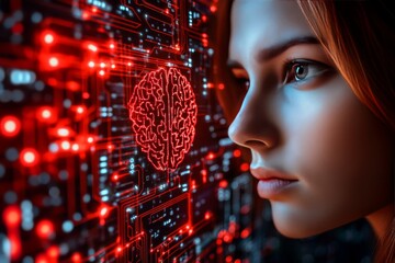 Sticker - Cognitive dynamics Brain lobe Close up digital illustration of a woman with a glowing brain amidst red circuits symbolizing technological advancement and future intelligence