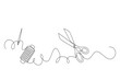 © YULIA - Concept of needlework, continuous drawing in one line in minimalism. Scissors, spool of thread, needle. Editable vector contour