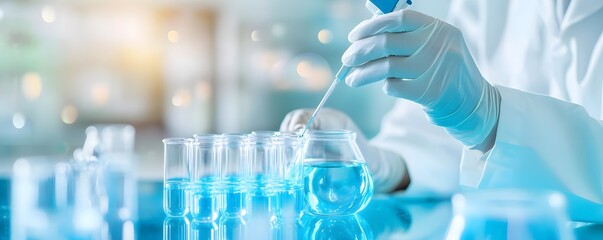 scientist in lab with blue liquid in test tubes