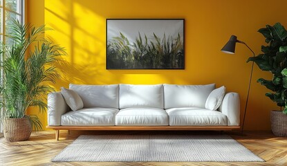 Canvas Print - Living Room Interior Design with White Sofa and Yellow Walls