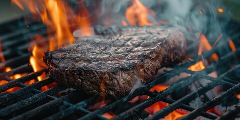 Wall Mural - Close-up of a grilled dry-aged beef steak on a charcoal grill, with flames and smoke rising.