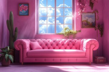 Wall Mural - Pink living room with a couch, plants, and a window with a view of the sky.