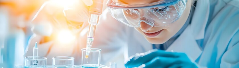 scientist using pipette in lab - research, experiment, healthcare