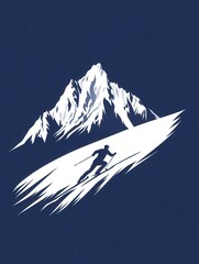 Poster - A skier gracefully descends a snowy slope from a majestic mountain peak under clear blue skies in the winter season. Generative AI