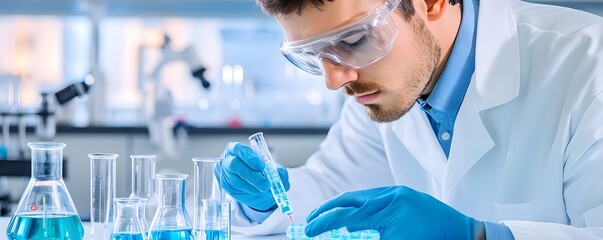 Canvas Print - Scientist Working in Lab with Blue Liquid & Syringe