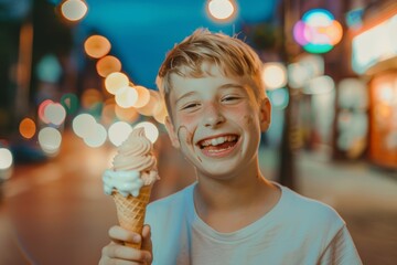 Wall Mural - Little one can't get enough of their ice cream.  Delightful smile of blond-haired teen boy exuding pure happiness. Celebrate innocent happiness of carefree young days.