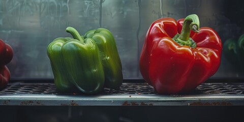 Canvas Print - A pair of different-colored peppers showcased on the produce seller's counter, featuring one green and one red.