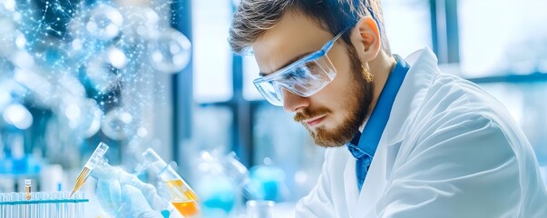 Wall Mural - Scientist Working in Lab with Test Tubes and Liquid