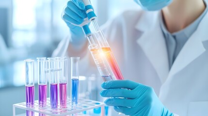 Canvas Print - Scientist Working in Lab with Test Tubes and Pipette