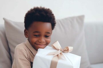 Delighted child grasping present tightly, grinning widely. Children's Day gift box.