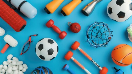 Assortment of Sports Equipment on Blue Background