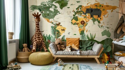 Wall Mural - Playful Child's Bedroom with World Map Wall Decor and Stuffed Animals