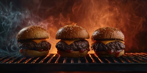 Wall Mural - Three perfectly grilled plain burgers ideal for a summer barbecue.