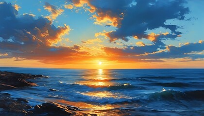 The tranquil seaside scenery, the sea under the sunset glows with golden brilliance, and the distant horizon blends the beautiful colors of blue and orange.