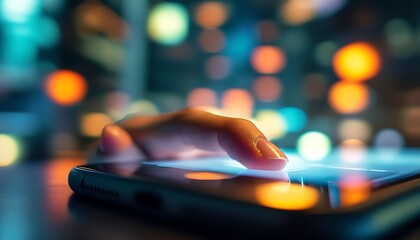 A finger touches a close-up of the mobile phone screen, surrounded by a fuzzy background, showing the atmosphere of modern technology.