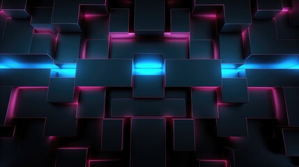 Wall Mural - Abstract Dark Background with Neon Glowing Edges on 3D Cubes