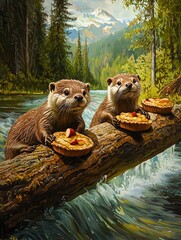 Two otters enjoying apple pie on a log over a stream in a forest setting.