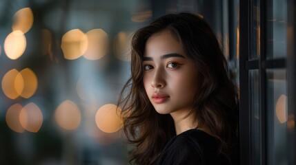 A portrait of a young woman with soft lighting and a blurred background, conveying a serene and contemplative mood.