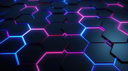 Wall Mural - Abstract Geometric Hexagon Pattern with Neon Blue and Pink Lights