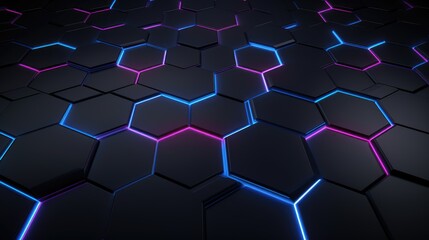 Wall Mural - Black Hexagon Pattern with Blue and Pink Neon Lights