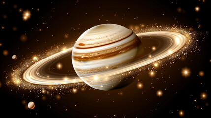 Wall Mural - A vibrant representation of Saturn with its distinct rings, illuminated against a backdrop of twinkling stars and other celestial bodies, evokes the majesty of the universe.