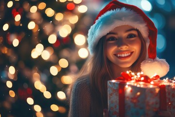 Beautiful happy young woman in Santa hat holding a wrapped Christmas gift box. Festive lights at the background