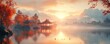 © Ashalina - Misty morning sunrise over a lake with traditional Chinese pagodas and colorful autumn foliage.