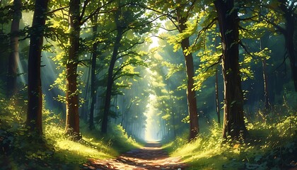 The tranquil forest path is lined with tall trees on both sides, and the sun shines through the leaves on the dark ground, creating a charming natural landscape.