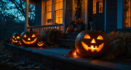 Glowing pumpkins on spooky porch background