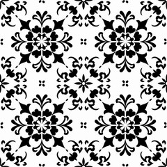 The design features an intricate black and white floral pattern with symmetrical shapes, showcasing a classic aesthetic suitable for various decorative applications.