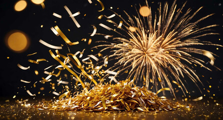 Poster - Golden confetti with fireworks glow abstract background