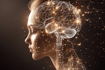 Poster - Mind tech Neural pathways Futuristic digital profile of a woman with glowing neural pathways representing AI cognitive technology and advanced neural communication