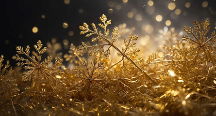 Canvas Print - Golden snowflakes shimmering mist abstract background