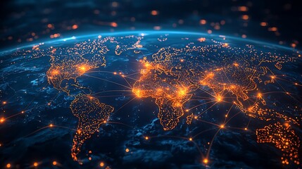 Wall Mural - a global network comes alive with glowing lines and vibrant cities on earth, depicting the interconn