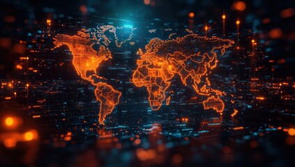 Wall Mural - Digital World Map with glowing continents