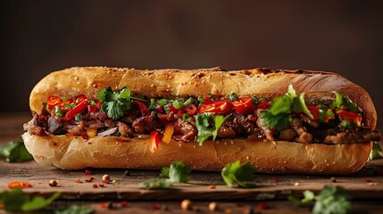 Wall Mural - Delicious Vietnamese Sandwich with Pork, Peppers and Cilantro