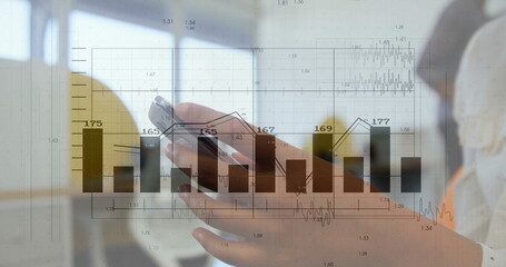 Poster - Image of diagrams and data processing over businesswoman using smartphone