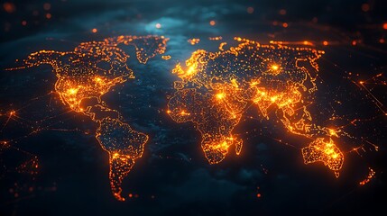 Wall Mural - a futuristic abstract background with a world map brimming with digital lines and glowing points emb