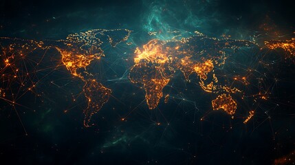 Wall Mural - an abstract world map with glowing lines and nodes illustrates the intricate web of global connectiv