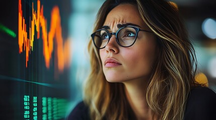 Wall Mural - a woman stares at a declining stock market chart with a worried expression, capturing the emotional 