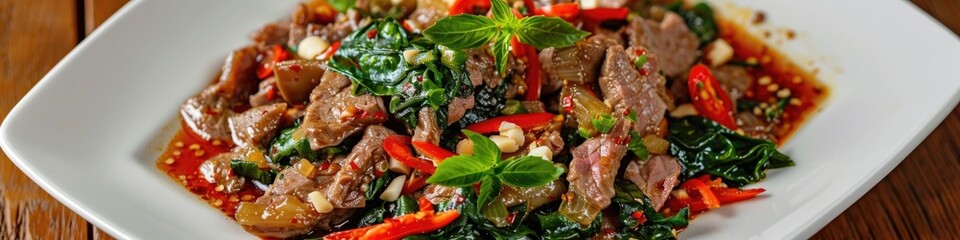 Wall Mural - Sliced Beef Stir-Fried with Holy Basil on a White Plate, Traditional Thai Cuisine