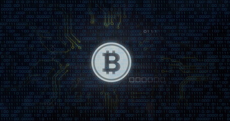 Bitcoin symbol with binary code and financial chart image