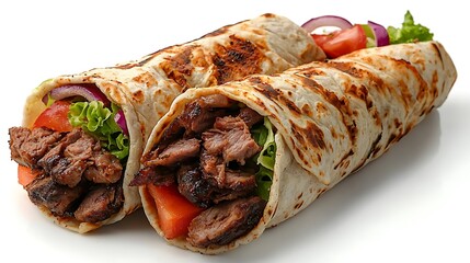 A grilled meat wrap filled with fresh lettuce, tomato, and onion offers a delicious blend of smoky, savory flavors in every bite.