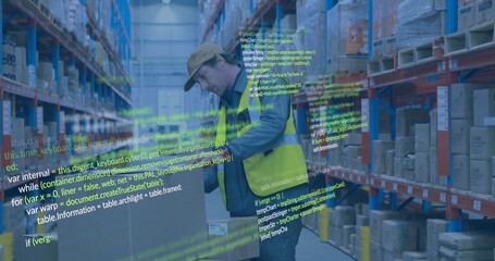 Poster - Image of data processing over caucasian male worker in warehouse